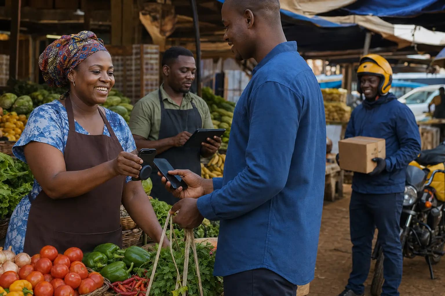 African market traders and customers using mobile payments, digital inventory tools and smart logistics