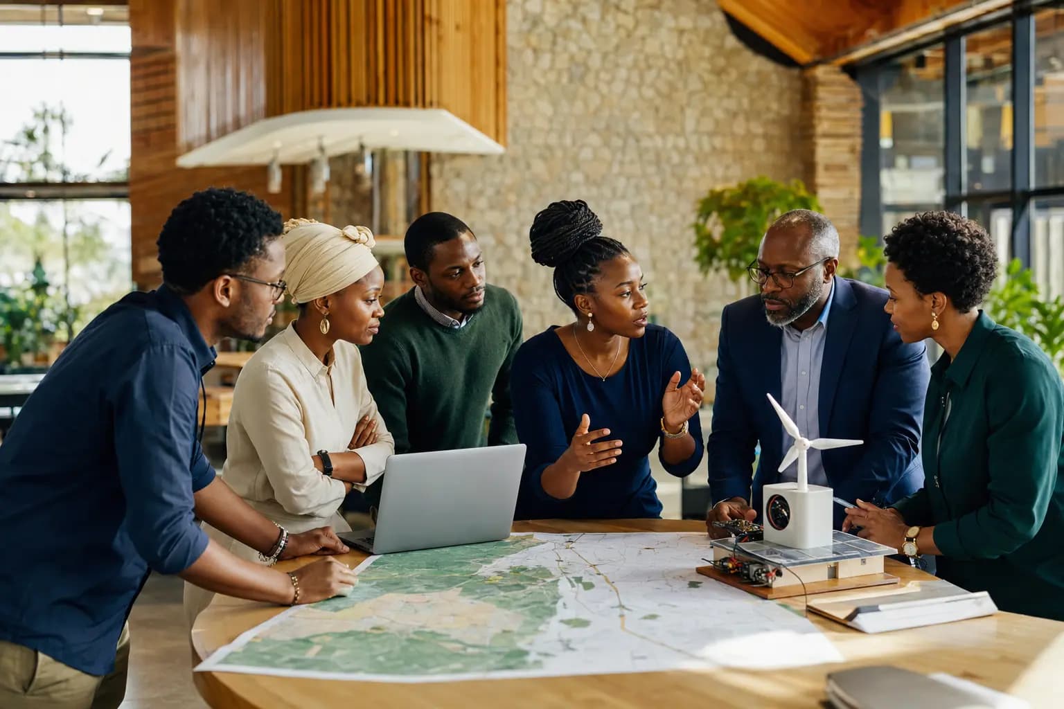 African founders, engineers, researchers and institutional leaders collaborating around a clean-energy prototype