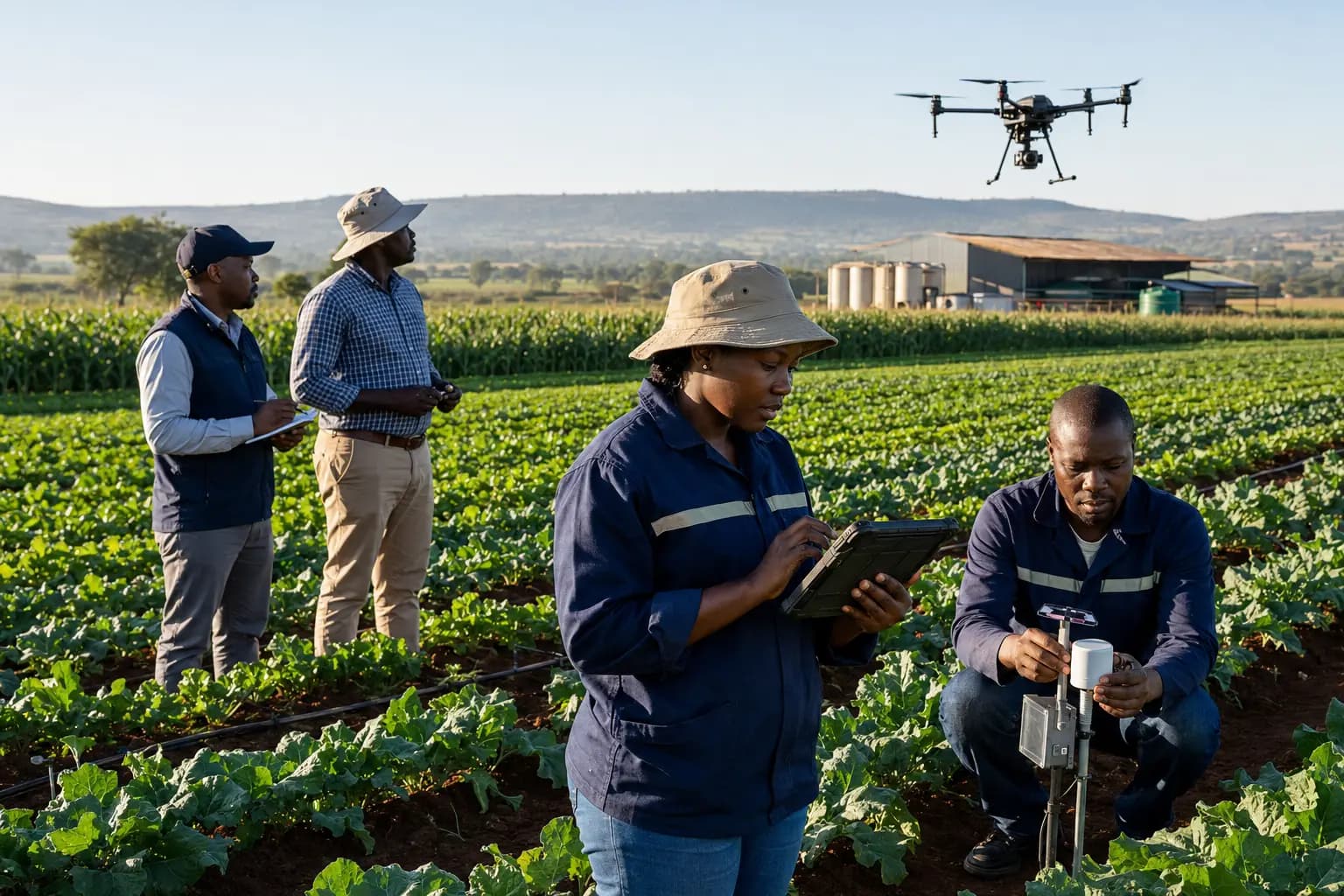 African farmers, agronomists and technology specialists using drones, field sensors and digital crop data