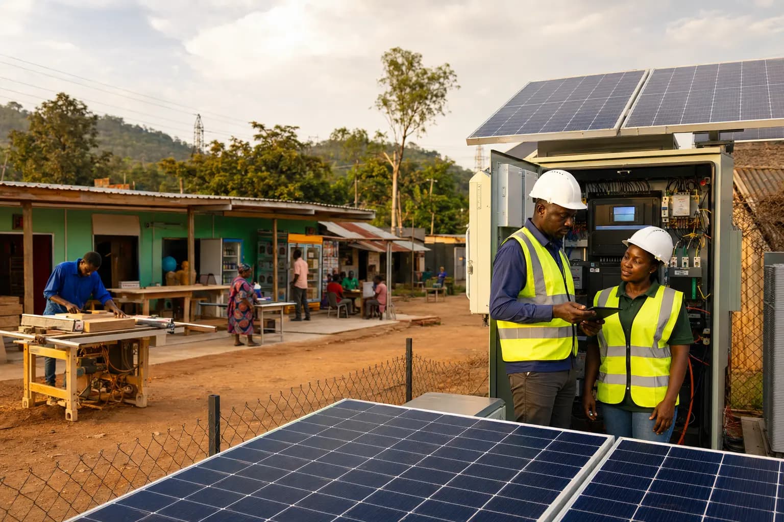 African energy engineers supporting a solar microgrid that powers local enterprises and community services