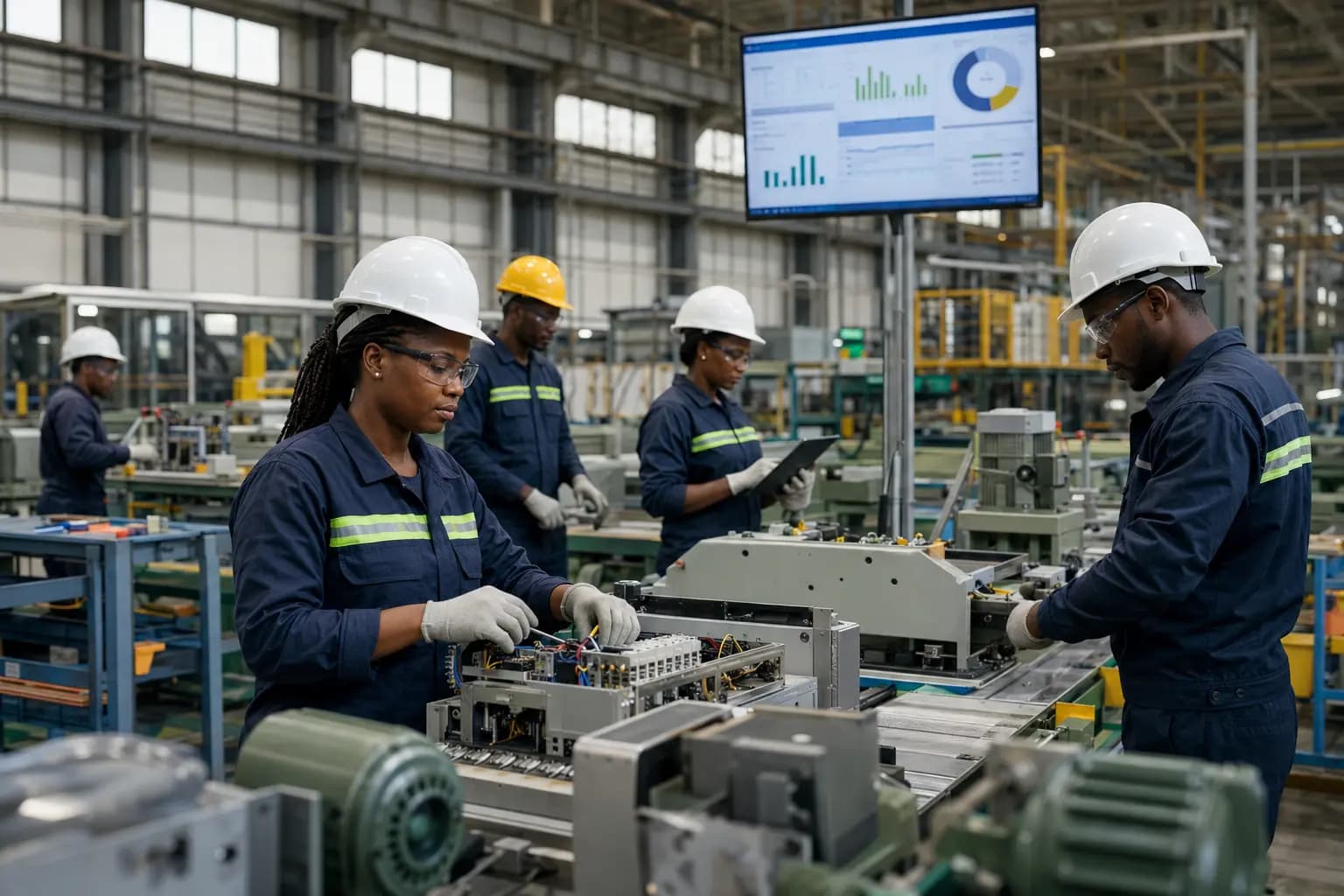 African engineers and technicians operating a modern smart manufacturing production line